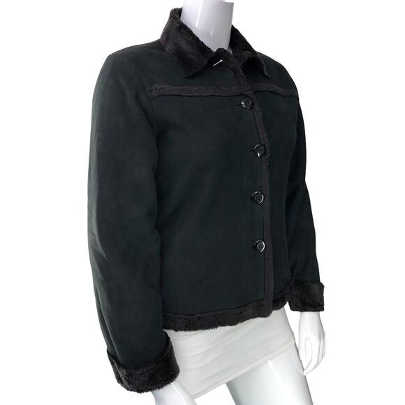 Kiko Womens Size M Jacket Black Suede Fur Lined Button Up Collared Heavy